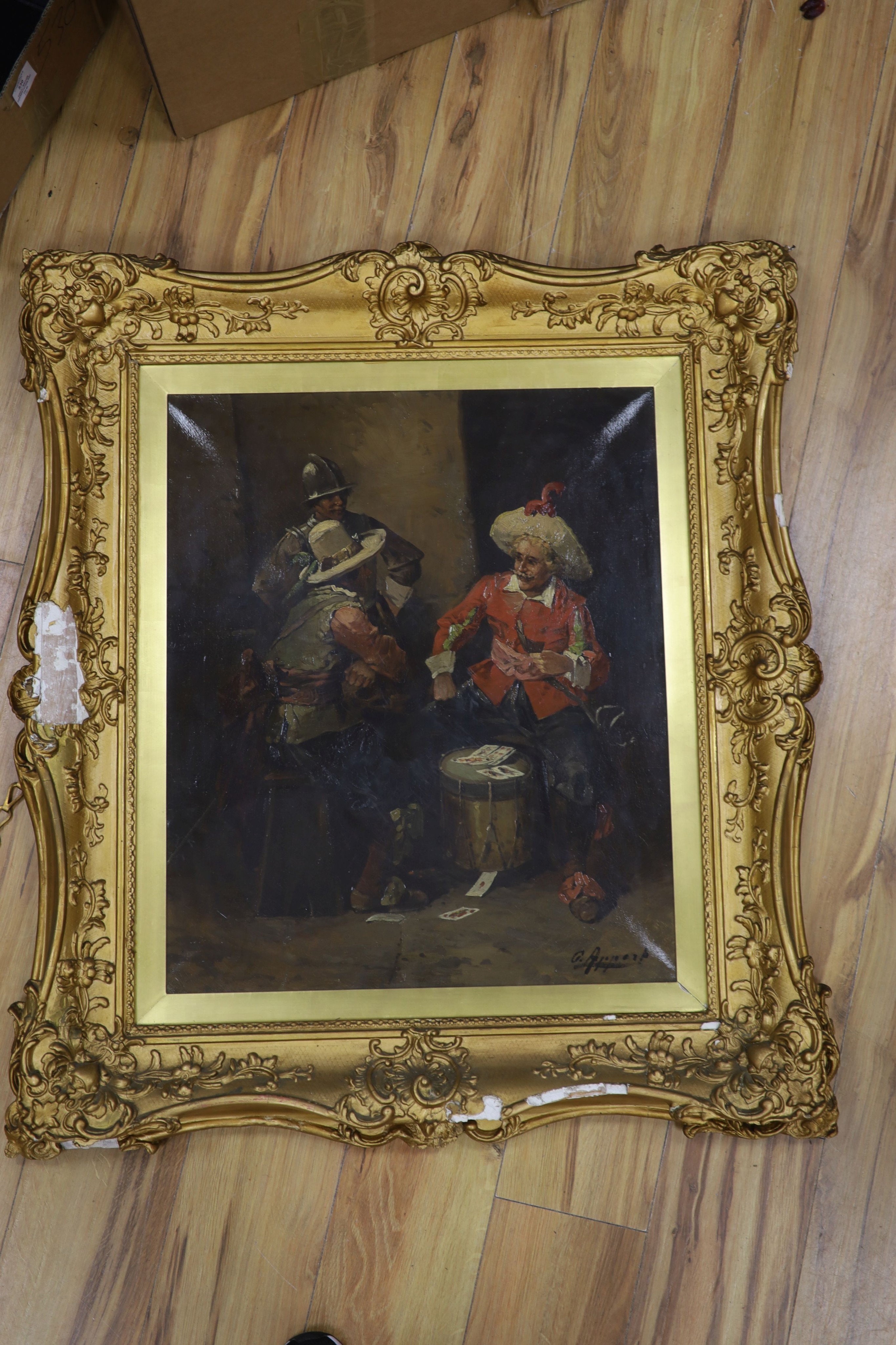 Italian School c.1900, oil on canvas, Cavaliers playing cards, indistinctly signed, 63 x 52cm